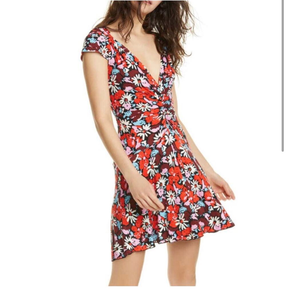 Free People Key to Your Heart Mini Dress Floral Ribbed Stretch Red Black Small